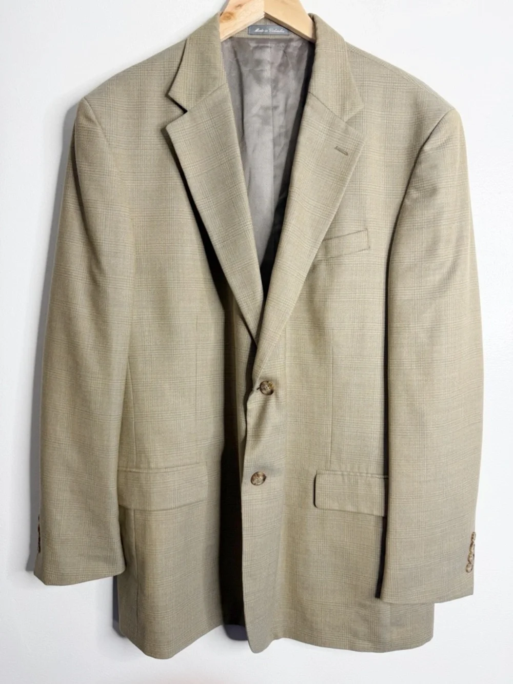 Oscar De La Renta Men’s Taupe Plaid Wool Blazer 46 Long Business Casual Workwear